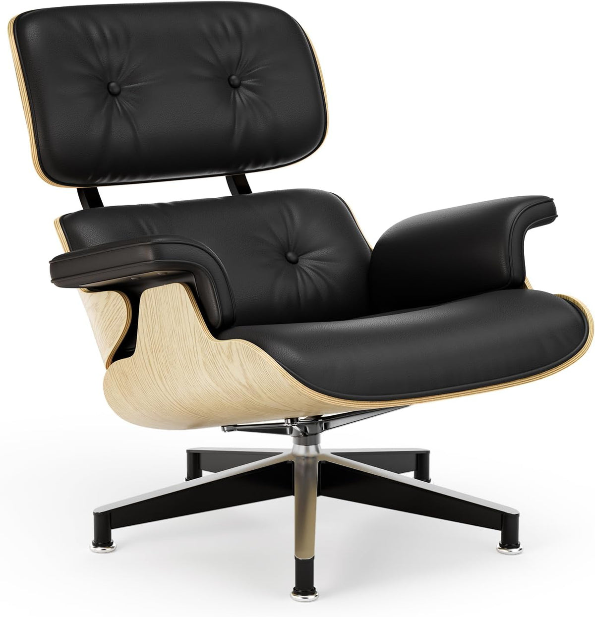 Inspired Eames Style Lounge Chair and Ottoman — Black Top-Grain Leather, Ash Base, Upgraded Tall (37″D)