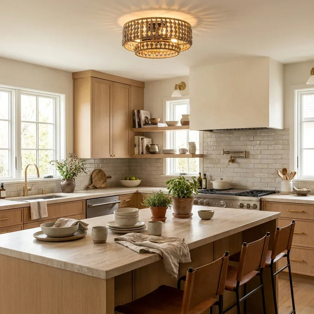Farmhouse 3-Light Wood Beaded Flush Mount Ceiling Lights