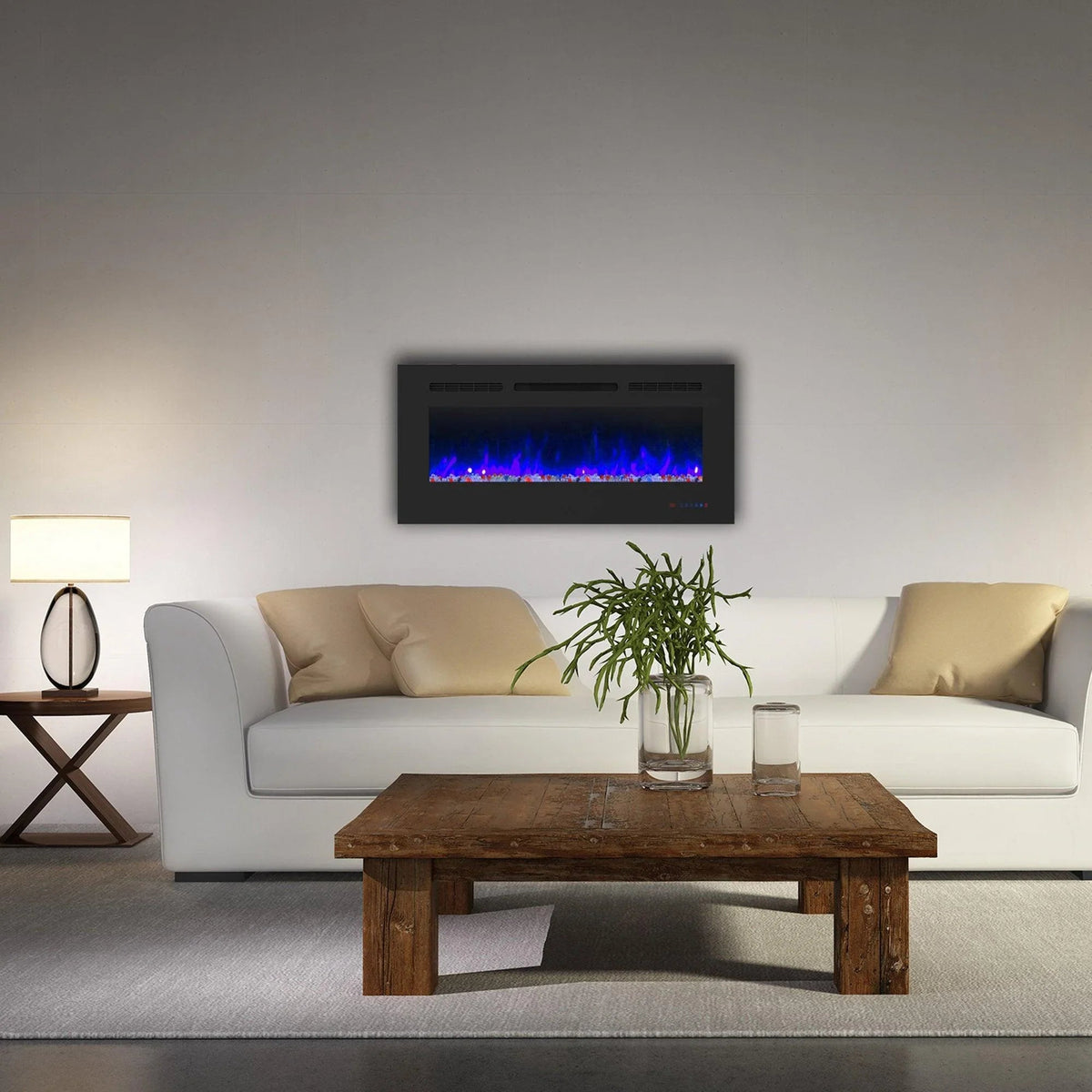 Insert or Wall-Mount Electric Fireplace with Remote Control and Touch Screen in 13 Flame Colors and Base Lights